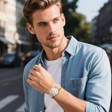 Аналоговий кварцовий годинник JewelryWe з еластичним плетеним ремінцем, великі цифри та календар, унісекс (бежевий)