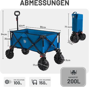 Візок пляжний Timber Ridge XXL 200л, синій: складаний, з гальмами, бічними кишенями, тримачем для напоїв, для кемпінгу та покупок (вантажність 150кг)