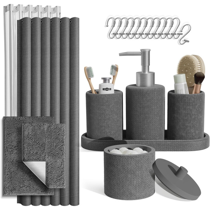 Набір для ванної кімнати Clara Clark – 5-ти елементний набір аксесуарів для ванної кімнати, салатовий колір (сірий), повний комплект + килимок для ванної