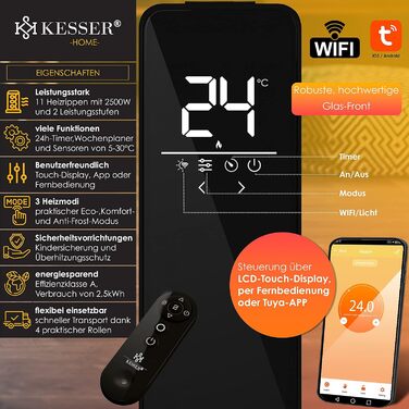 KESSER® 2500W Oil Radiator Mobile Electric Heater - Energy-Saving with WiFi App Control & LED Touch Display Remote Control. Oil Radiator Heater, Electric, 11 Ribs, 24h Timer, Overheat Protection, Black / 2500w