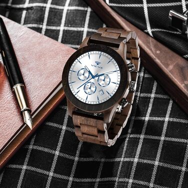 Дерев'яний годинник на руку з натурального дерева, кварцовий годинник з датою, хронограф (Вільха Біла)