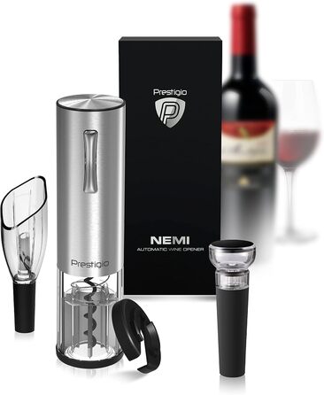Premium Electric Wine Opener with Charging Station - Integrated Foil Cutter - Packaged in a High-Quality Gift Box - Black/Silver (Nemi - Silver)