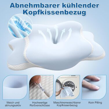 Ортопедична подушка для шиї та голови з Memory Foam, охолоджуючий ефект, для тих, хто спить на боці, спині та животі, знімний чохол (Світло-блакитний)