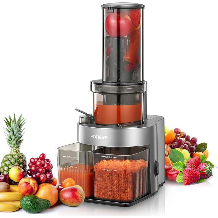 FOHERE Slow Juicer, Vegetable and Fruit Extractor, 119MM Opening, Electric Cold Press with Quiet 200 Watt Motor, Easy to Clean with Double-Layer Filter and Reverse Function