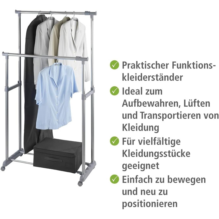 WENKO Clothes Rack, Folding, Clothes Storage with Adjustable Clothes Rod and Wheels, Plastic/Metal, 88 x 100-168 x 11-49 cm, Chrome/Grey (168 x 44 x 163 cm)