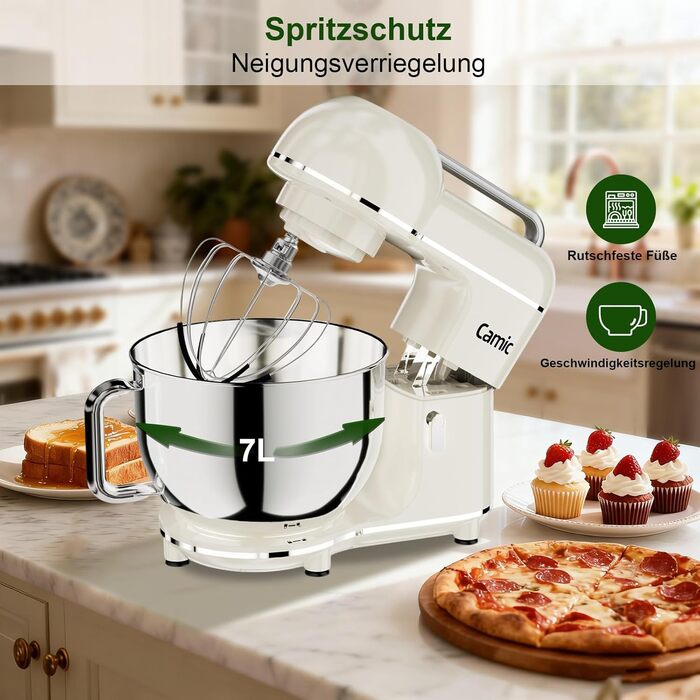 Кухонний комбайн-міксер Camic 2000W, чаша з нержавіючої сталі 7л, 10 швидкостей, набір насадок та захист від бризок, білий