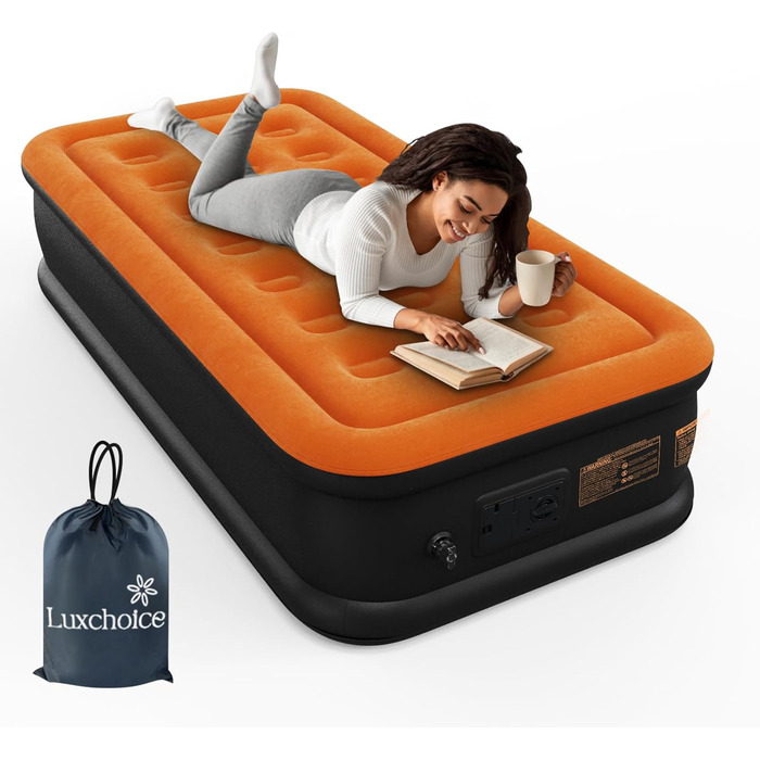 Надувне ліжко самонадувна, 1 місце, з електричним насосом, преміум якість, для кемпінгу та дому, темно-помаранчевий колір