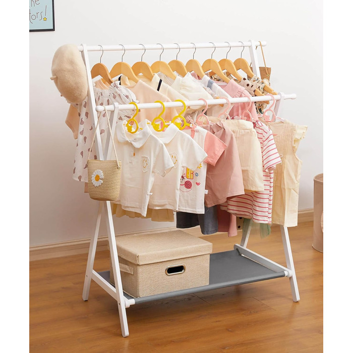 Дитяча вішалка для одягу Yorbay з бамбука, подвійна регульована штанга, полиці для зберігання, біла