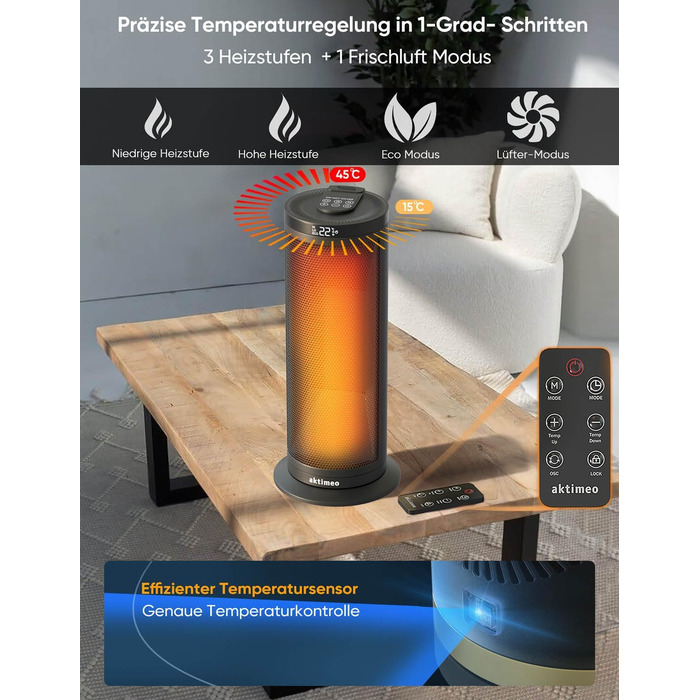 Електричний обігрівач з керамічним нагрівачем, 1500 Вт, з термостатом, захистом від перегріву, перекидання та для дітей, таймер 12 год, з пультом дистанційного керування (чорний, преміум)