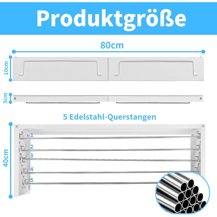 Настінний сушильник для білизни з довгими стіжками, 5 ліній сушіння, розкладний, для дому та вулиці, ванна кімната (білий, 80 см)