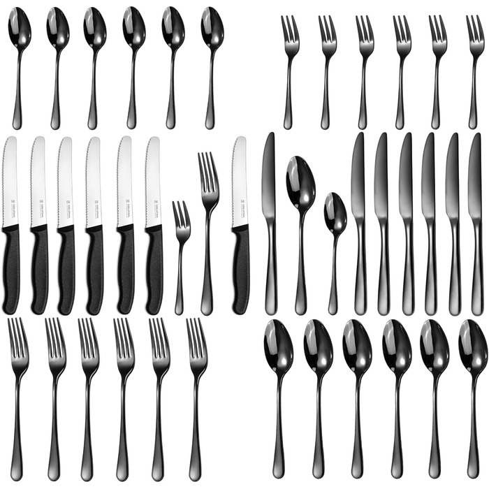 Набір столових приборів на 6 осіб, Targzier, 36 предметів, нержавіюча сталь, з ножами для стейка, преміум-якість, для сім'ї/вечірки/готелю, чорний колір, придатний для миття в посудомийній машині