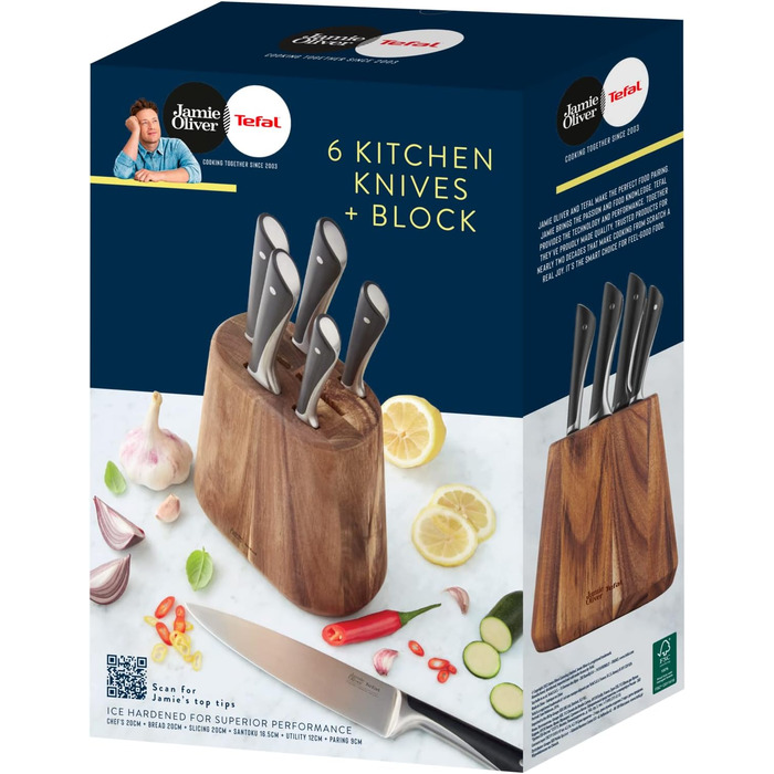 Набір кухонних ножів Jamie Oliver by Tefal (5 предметів) + блок: шеф-ніж, сантоку, ніж для хліба, універсальний ніж, ніж для овочів, сталь, акація, коричневий K267S556