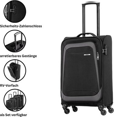 Чемодан NOWI Korfu Weichschaen Troey – середній, тканинний, 50 літрів, 4 колеса та кишеня | Легкий дорожній чемодан для жінок та чоловіків (XL, чорний)