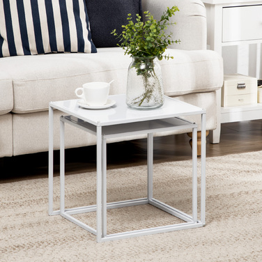 HOMCOM 2-Piece Coffee Table Set, Square Side Table, Coffee Table with Steel Frame, Sofa Table in Modern Design, for Living Room, Holds up to 10 kg, White | Aosom