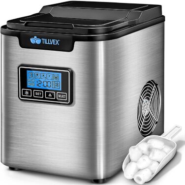 tillvex Ice Maker Stainless Steel 12 kg - 24 h | Ice Cube Maker with Timer and 2.2 Liter Water Tank | Ice-Maker LCD Display & Self-Cleaning Function | 3 Ice Cube Sizes (Silver)