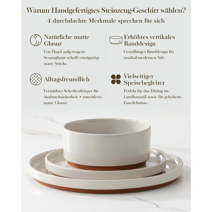 MALACASA Набір посуду з каменю 6 осіб, 18 предметів: тарілки, миски, керамічний сервіз з глазур'ю 