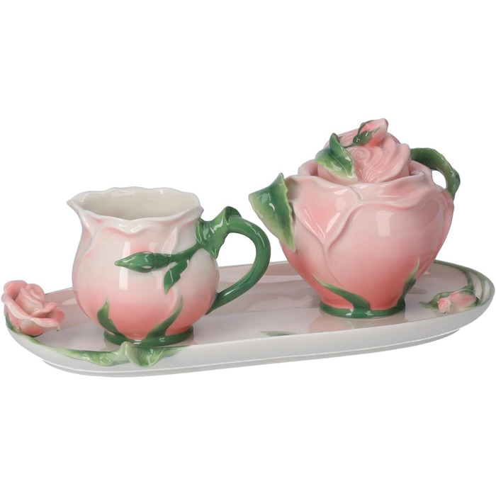 Keyhome store - Set of Milk Jug and Sugar Bowl in Ceramic, pink with box and tray, ideal for coffee breaks - Milk Jug 7 x 11 cm - Sugar Bowl 11 x 13 cm