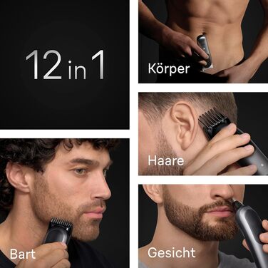 Braun Series 7 All-in-One 12-в-1: Триммер для бороди, носа, волосся (обличчя, тіла, голови) AIO7545, сірий, акумулятор 120 хв, 14 насадок (0.1-21 мм), водонепроникний