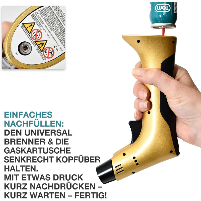 Набір кулінарного пальника TOM Jetflame (Золотий) з балоном бутану: професійний газовий пальник з замком безпеки для кухні, кемпінгу та майстерні, багаторазовий