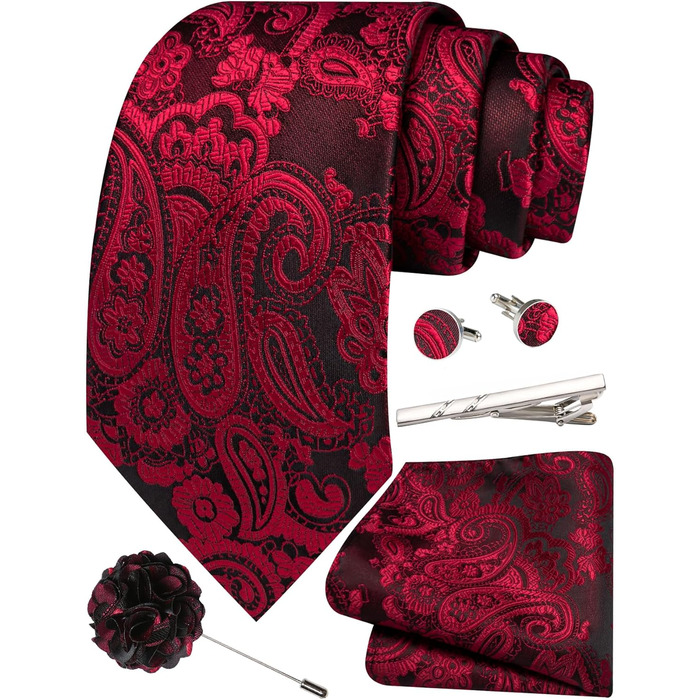 Набір краваток для чоловіків: краватка, нагрудна хустинка, краваття, затискачі для краваток, застібка для краватки, 5 шт. чорний/червоний, для весілля, формальний стиль