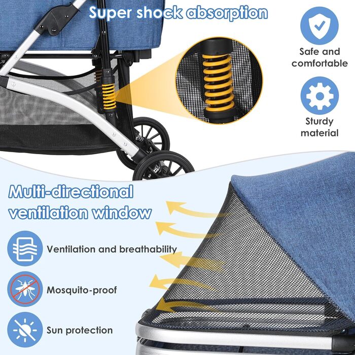 Візок для собак Mamizо 3-в-1: візок, переноска, сумка, до 20 кг, з відкидною конструкцією, 360° колеса, колір срібно-блакитний