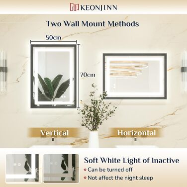 Дзеркало для ванної кімнати Keonjinn з підсвічуванням, чорний металевий каркас 50x70 см. LED-дзеркало з антизапотіванням, сенсорним вимикачем, 3 кольори світла, регулювання яскравості, функція пам'яті. Настінне дзеркало з чорним каркасом 70x50 см