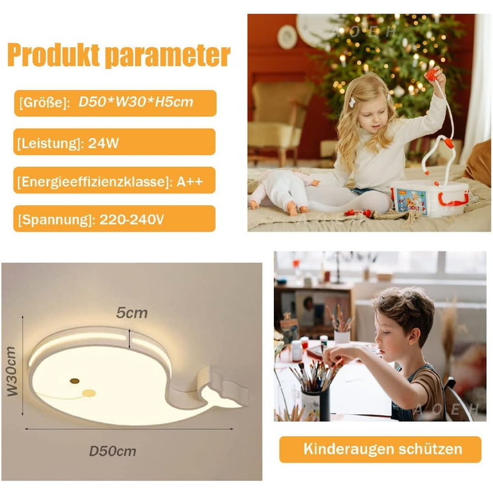 LED Ceiling Lamp, Dolphin Shape, Dimmable with Remote Control, Boy Girl Baby Kids Children's Room Lamps Ceiling, Children's Room, Bedroom Lamp, Room Lighting, Chandelier, White, 50cm