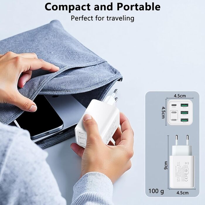 Зарядний пристрій USB-C 60W, 6 портів (3x USB-C, 3x USB-A), PD+QC швидка зарядка, адаптер живлення для iPhone 14/15/16/17, Samsung S24/S23/S22 - Білий