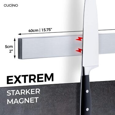 CUCINO Magnetic Knife Strip with Extra Strong Magnet - Specifically for the Refrigerator, Double-Sided Stainless Steel Strip - 40cm