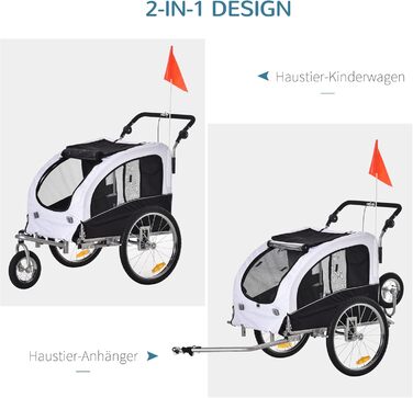 PawHut 2-в-1 Причіп для собак, велосипедний причіп для собак, візок для собак з відбивачами, прапором, причіп для собак PawHut, візок для собак, Oxford-тканина білий/чорний