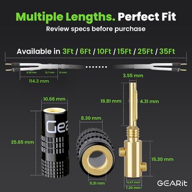 Акустичний кабель GEARit з банановими штекерами 12 AWG, 10.7 м, OFC CL2, плетений для Hi-Fi, домашнього кінотеатру, підсилювачів (Золотий)