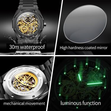 Чоловічий механічний годинник OLEVS Gold Skeleton: автоматичний підзавод, сталь, водонепроникний, з діамантами та підсвіткою (6669 Schwarz)