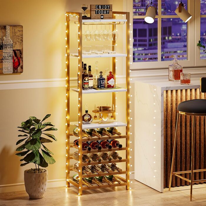 Tribesigns 20 Bottle Wine Baker's Rack, Freestanding Floor Wine Rack, 9 Tiers, Industrial Freestanding Wine Rack Wine Bar with Glass Holder Bottle Shelf for Bar, Kitchen, Dining Room, (Gold, 1 PC)