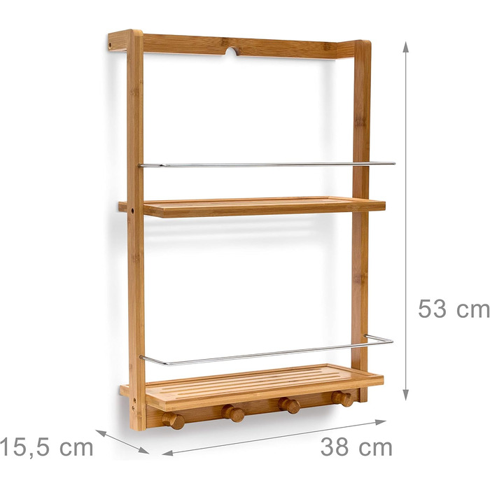 Relaxdays Shower Shelf made of Bamboo HxBxT: approx. 53 x 38 x 15.5 cm Shower shelf with 2 shelves made of moisture-resistant wood Hanging shelf for the bathroom as a practical hanging shelf with 4 towel hooks, natural