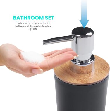Набір аксесуарів для ванної кімнати з бамбука (6 шт.), чорний: щітка для унітазу, дозатор мила, стаканчик для зубних щіток, мильниця, сміттєвий бачок