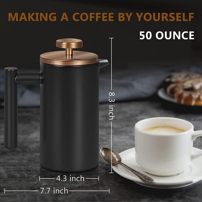 French Press MaxMiuly: Френч-прес для кави, 0.65 л, 3 чашки, нержавіюча сталь, термоізольований, чорний