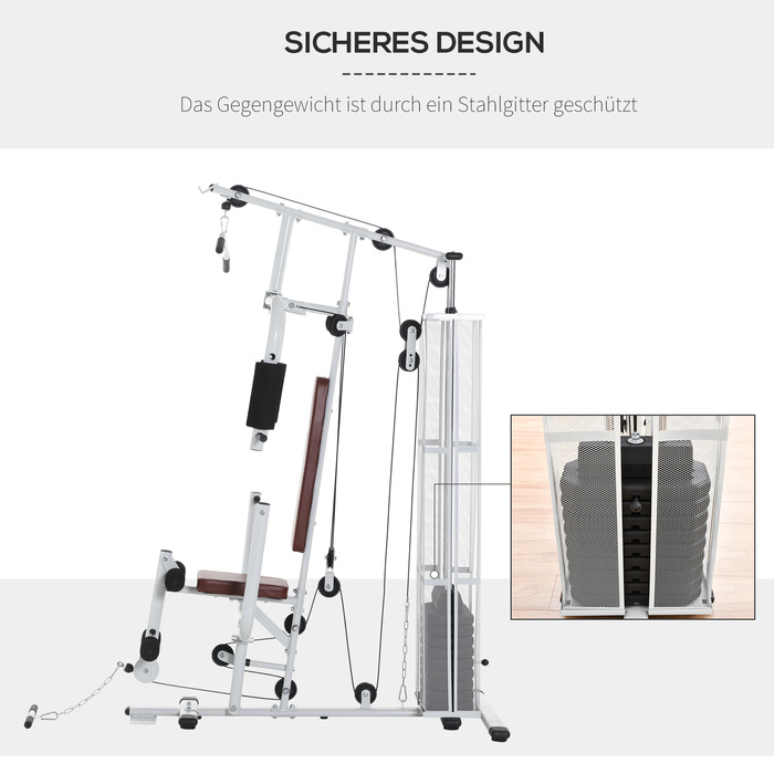 HOMCOM Home Fitness Station, total weight 45kg, with press arm, leg developer, rolling pads, PU leather, 150 x 110 x 210 cm, White | Aosom
