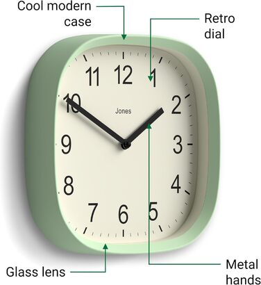 JONES CLOCKS Square Retro Wall Clock made of high-quality acrylic, 'Sprite' in Mint Green, 25 x 25 x 5 cm