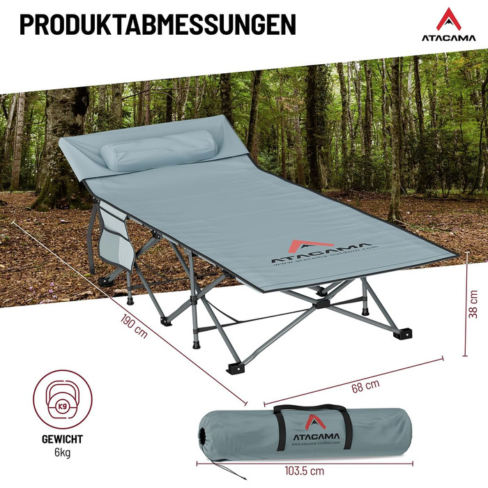 Ліжко похідне Atacama складане, ультралегке для кемпінгу та риболовлі, комфортне, портативне, розмір XXL 190x68x38 см
