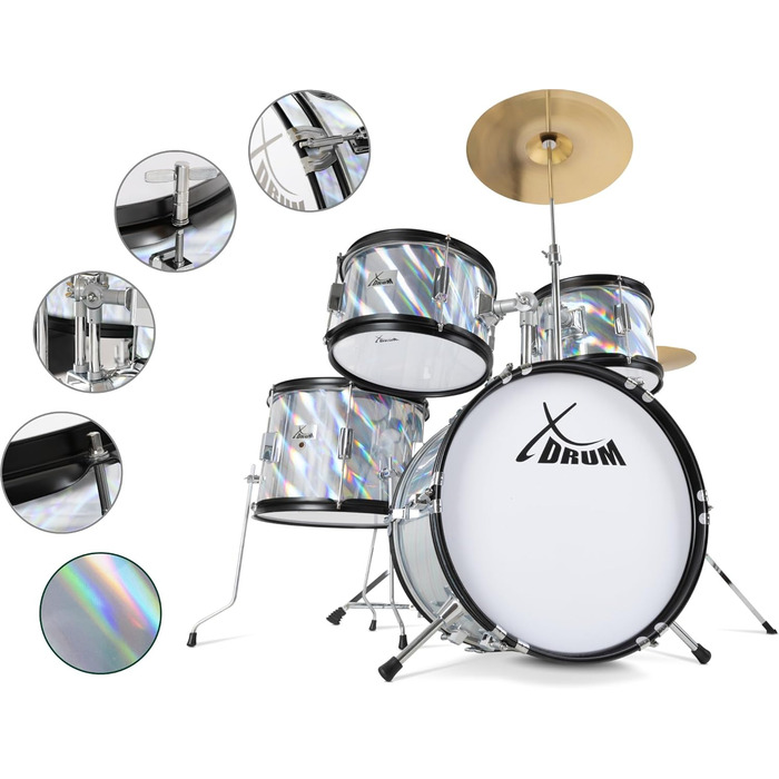 XDrum Junior Pro Kinder барабанний комплект Red - для дітей 5-9 років - з аксесуарами та навчальним посібником (Laser Silver, Single)