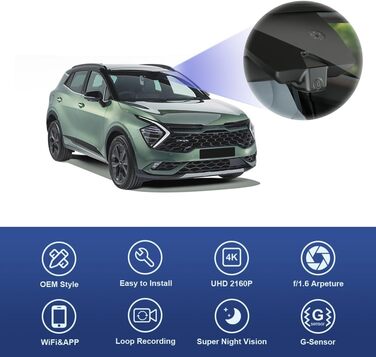 Автомобільний відеореєстратор Fitcamx 4K UHD для Kia Sportage 2022-2025 (5-те покоління), WiFi, нічна зйомка, G-сенсор, Plug & Play, OEM аксесуар, 64GB карта пам'яті (передній 4K, задній 1080P)