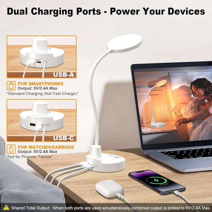LED настільна лампа 15W з USB-A та USB-C – диммування, 3 колірні температури, 5 рівнів яскравості, таймер, гнусий 360° шийка, захист очей, для офісу та спальні (біла, 12 см)