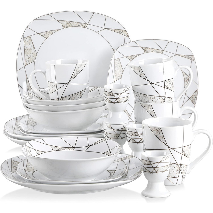Набір посуду VEWEET 'Serena' з порцеляни, 24 елементи | 6 тарілок для сніданку, десерту, обіду та супу | Сервіз для 6 осіб, ресторану, сім'ї (білий)