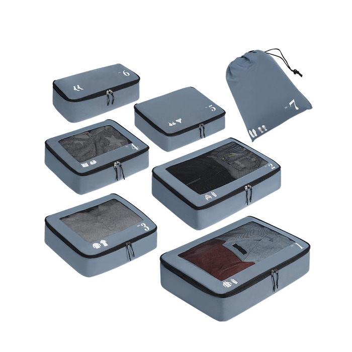 Органайзери для валізи ECOHUB, набір 7 шт. з переробленого PET, для одягу, взуття, рюкзаків (сірий)