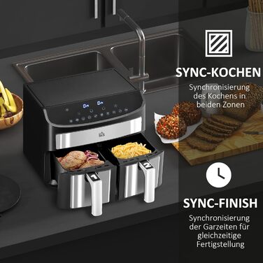HOMCOM 8L Hot Air Fryer with Double Chamber, Air Fryer with 10 Programs, 2400W Air Fryer with Touchscreen, Recipe Book, Oil-Free, Black