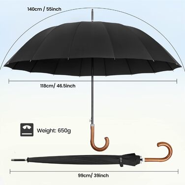 NINEMAX Large Windproof Umbrella - Wooden Handle Stick Umbrella for Men & Women - 16 Ribs Automatic Open - Double Layer Black