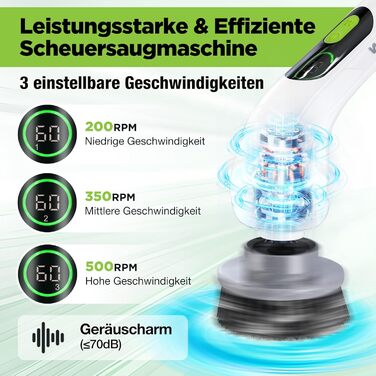WORKPRO Електрична щітка для прибирання з індикатором потужності, 8 в 1, обертова щітка-скребок, 8 насадок, телескопічна ручка 30-120 см, 3 швидкості, для ванної кімнати та кухні