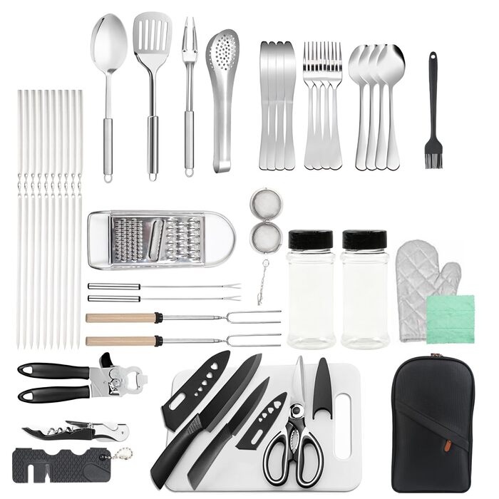 Набір кухонного приладдя для кемпінгу TIHOOK 36 шт. з нержавіючої сталі, з органайзером та 10 шампурами для гриля, для пікніків, походів та кемпінгу