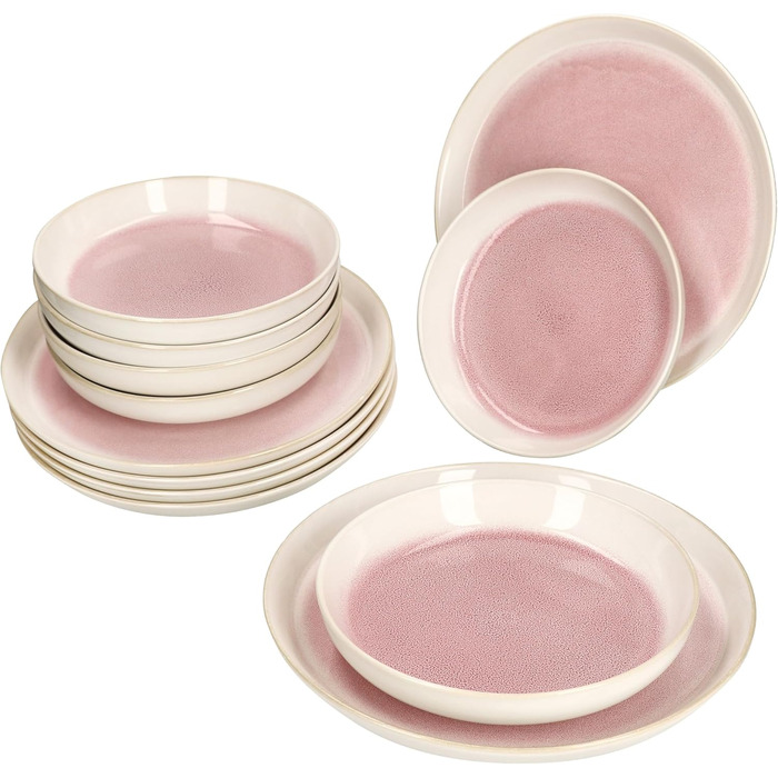 MamboCat Tafelservice Paris: 12 предметів, кремово-рожевий, керамічний посуд для 6 осіб (6 тарілок суп 400мл + 6 тарілок для їжі)