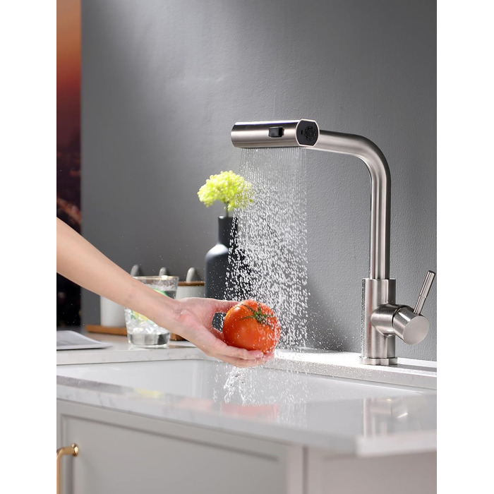 Висувна кухонна змішувач TIMACO з шлангом 360° з гнучким виливом, водопровідний кран для кухні, одноручний змішувач з водоспадом, шліфоване нікель